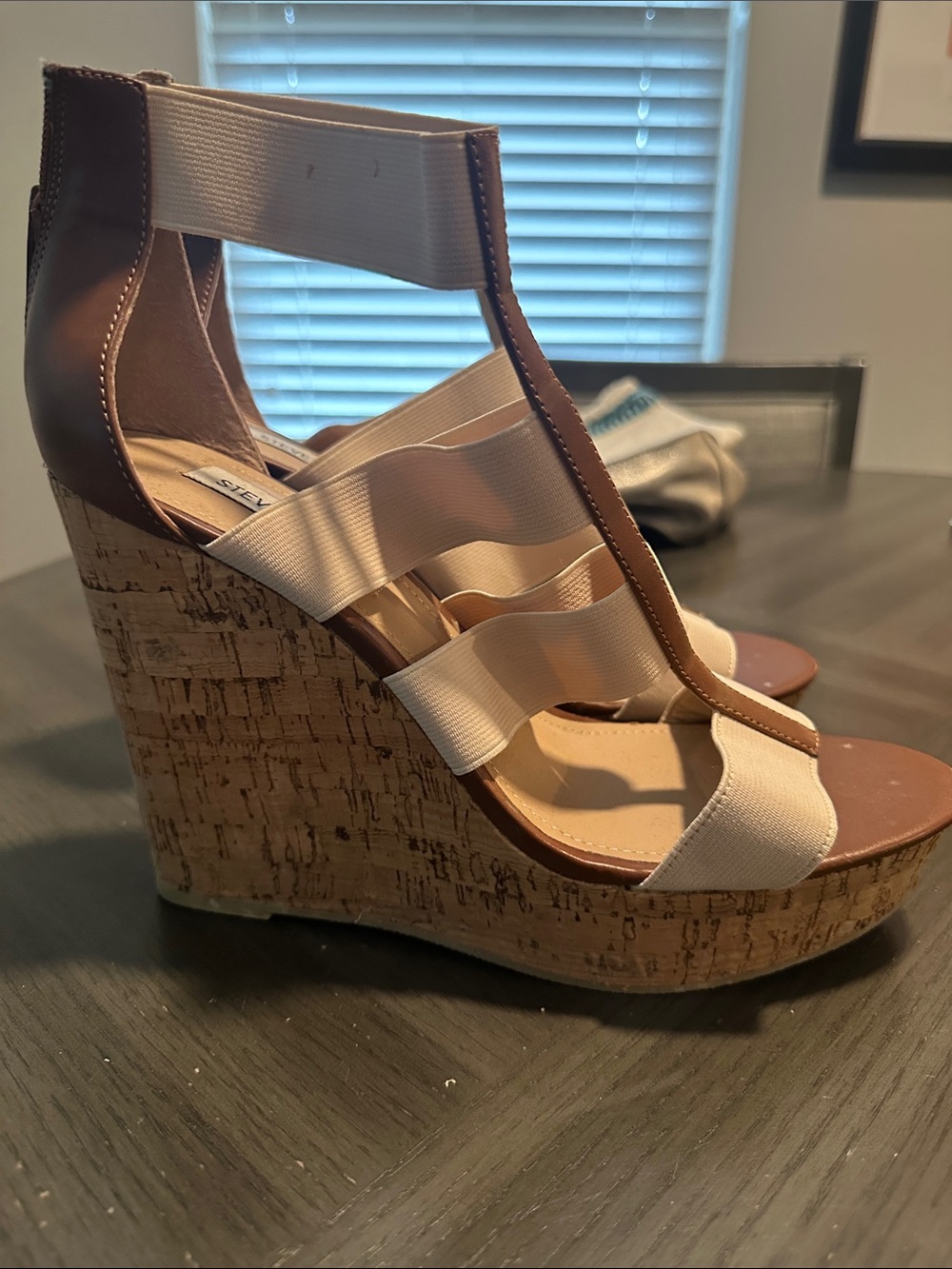 Steve Madden Cream Elastic-Strap Cork Wedge Sandals with Brown Trim